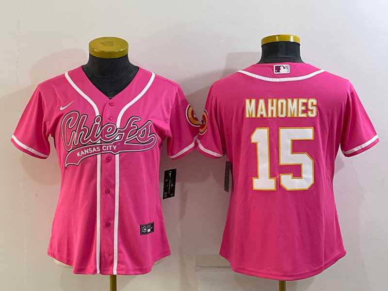 Women%27s Kansas City Chiefs #15 Patrick Mahomes Pink White With Patch Cool Base Stitched Baseball Jersey
